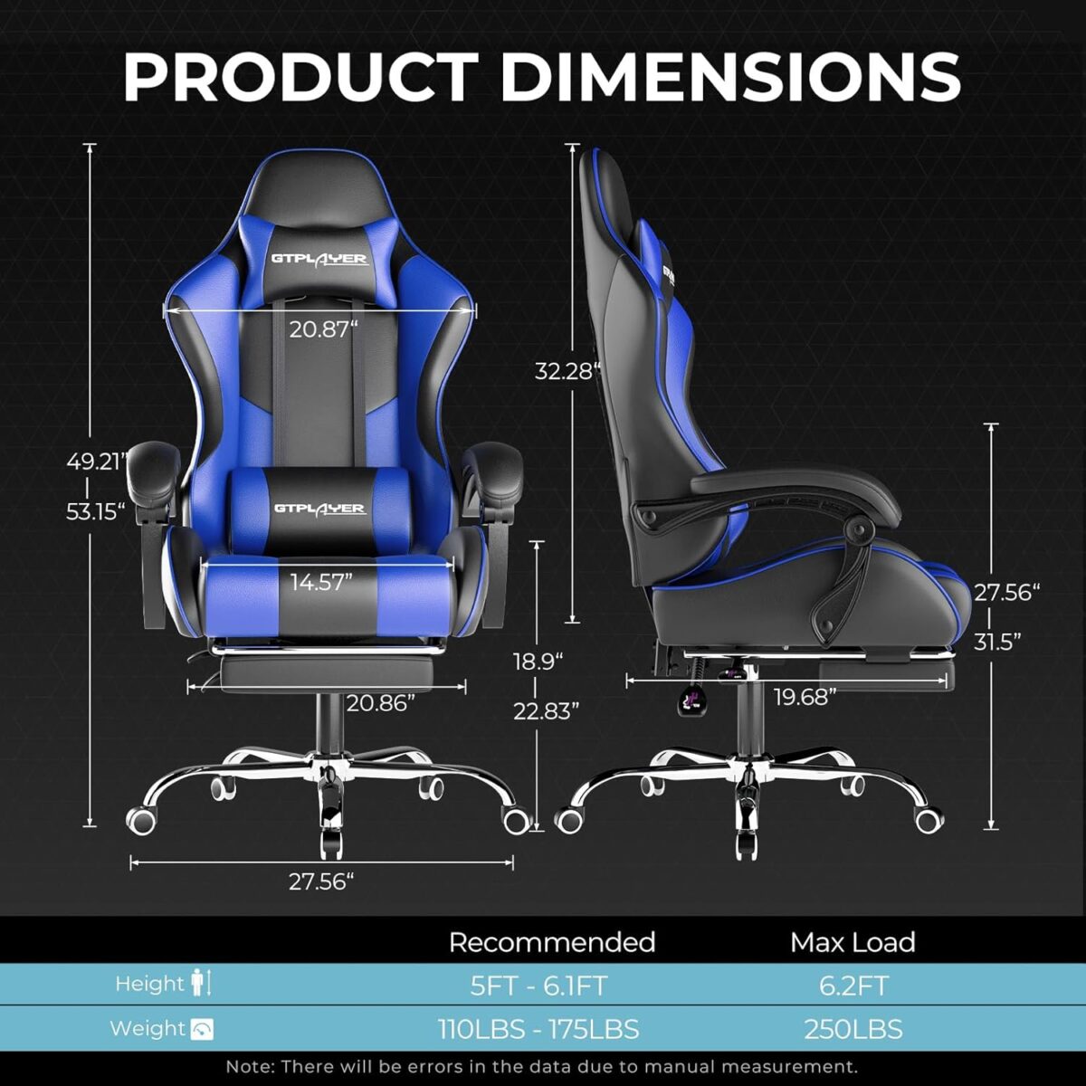 GTPLAYER Gaming Chair, Computer Chair with Footrest and Lumbar Support, Height Adjustable Game Chair with 360°-Swivel Seat and Headrest and for Office or Gaming (Faux Leather,...