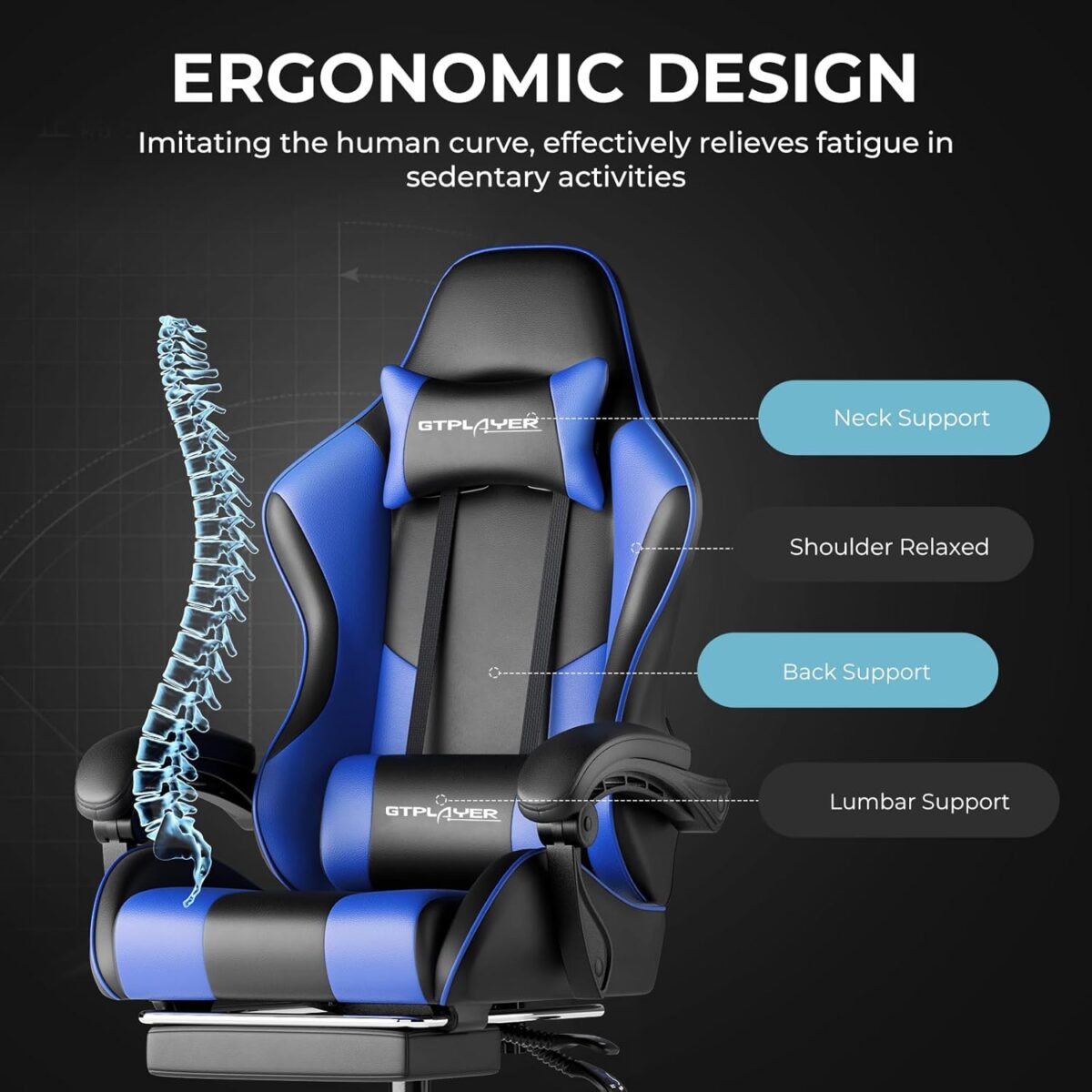 GTPLAYER Gaming Chair, Computer Chair with Footrest and Lumbar Support, Height Adjustable Game Chair with 360°-Swivel Seat and Headrest and for Office or Gaming (Faux Leather,...