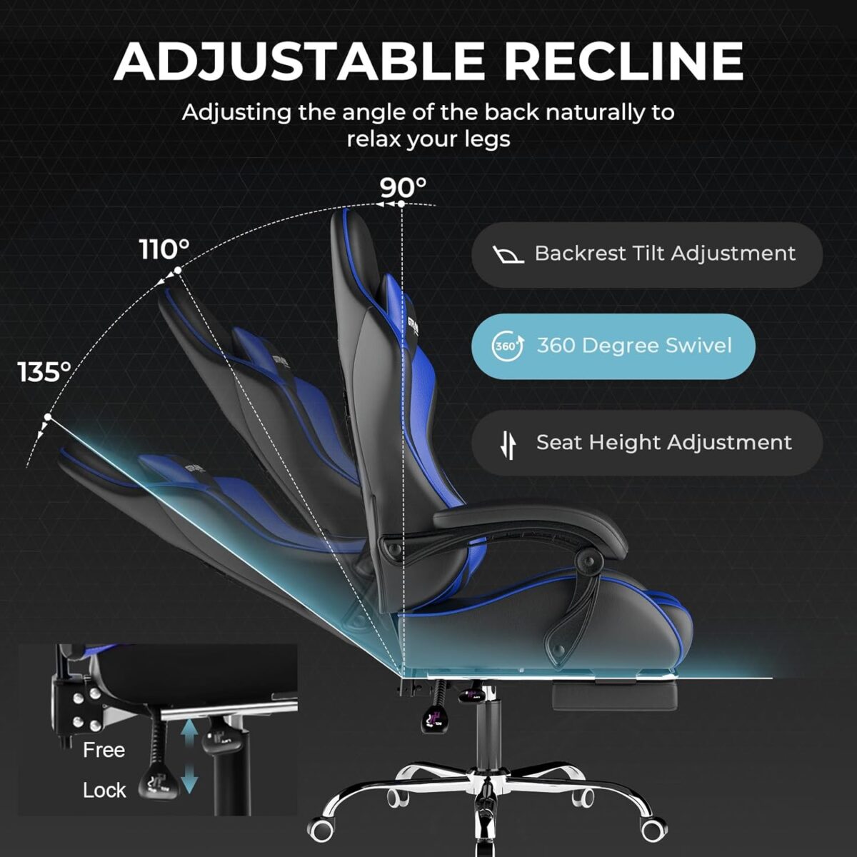 GTPLAYER Gaming Chair, Computer Chair with Footrest and Lumbar Support, Height Adjustable Game Chair with 360°-Swivel Seat and Headrest and for Office or Gaming (Faux Leather,...