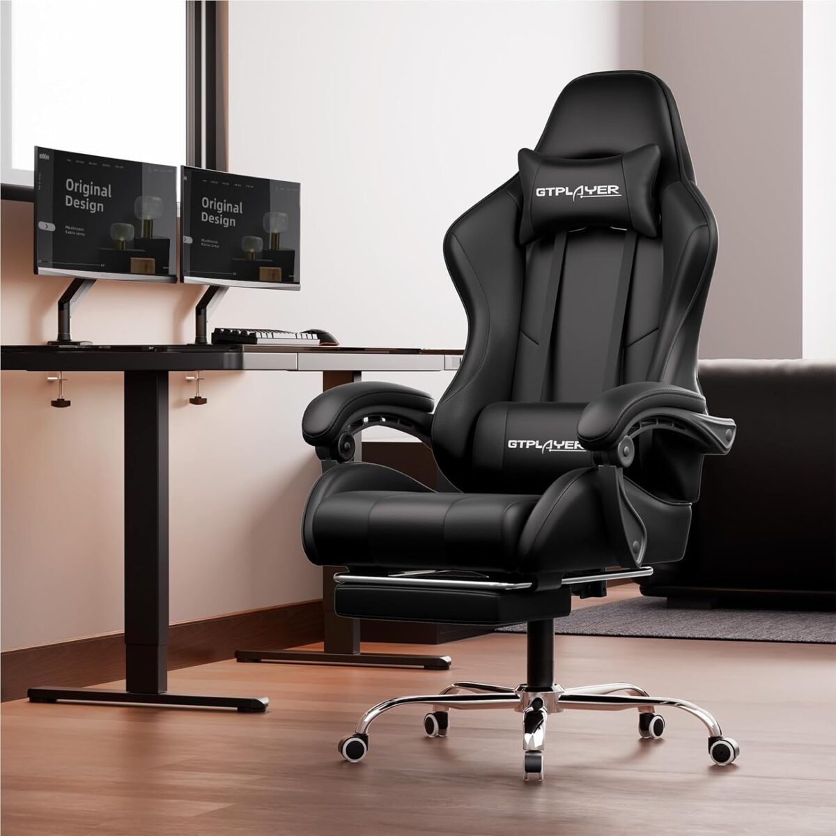 GTPLAYER Gaming Chair, Computer Chair with Footrest and Lumbar Support, Height Adjustable Game Chair with 360°-Swivel Seat and Headrest and for Office or Gaming (Faux Leather,...