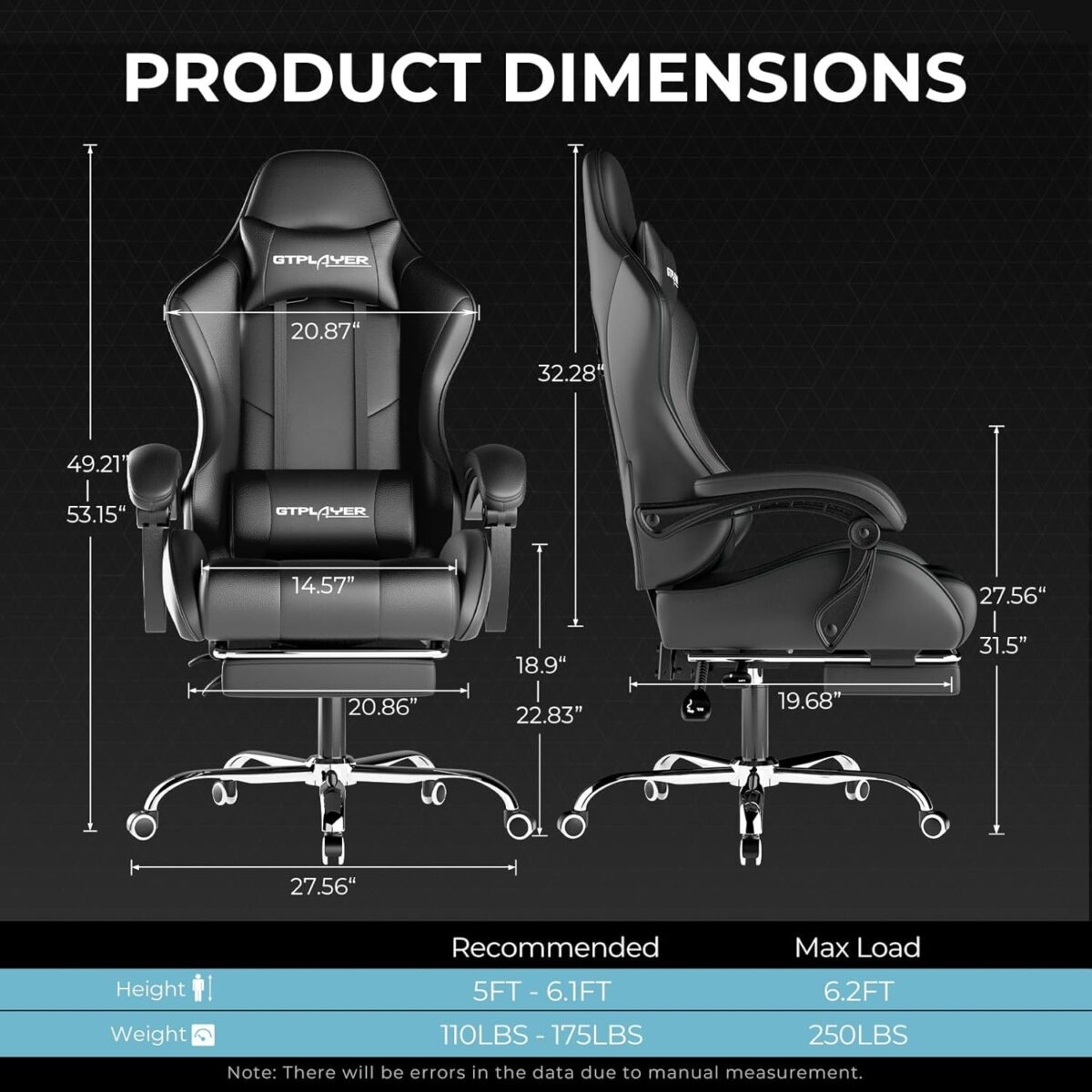 GTPLAYER Gaming Chair, Computer Chair with Footrest and Lumbar Support, Height Adjustable Game Chair with 360°-Swivel Seat and Headrest and for Office or Gaming (Faux Leather,...