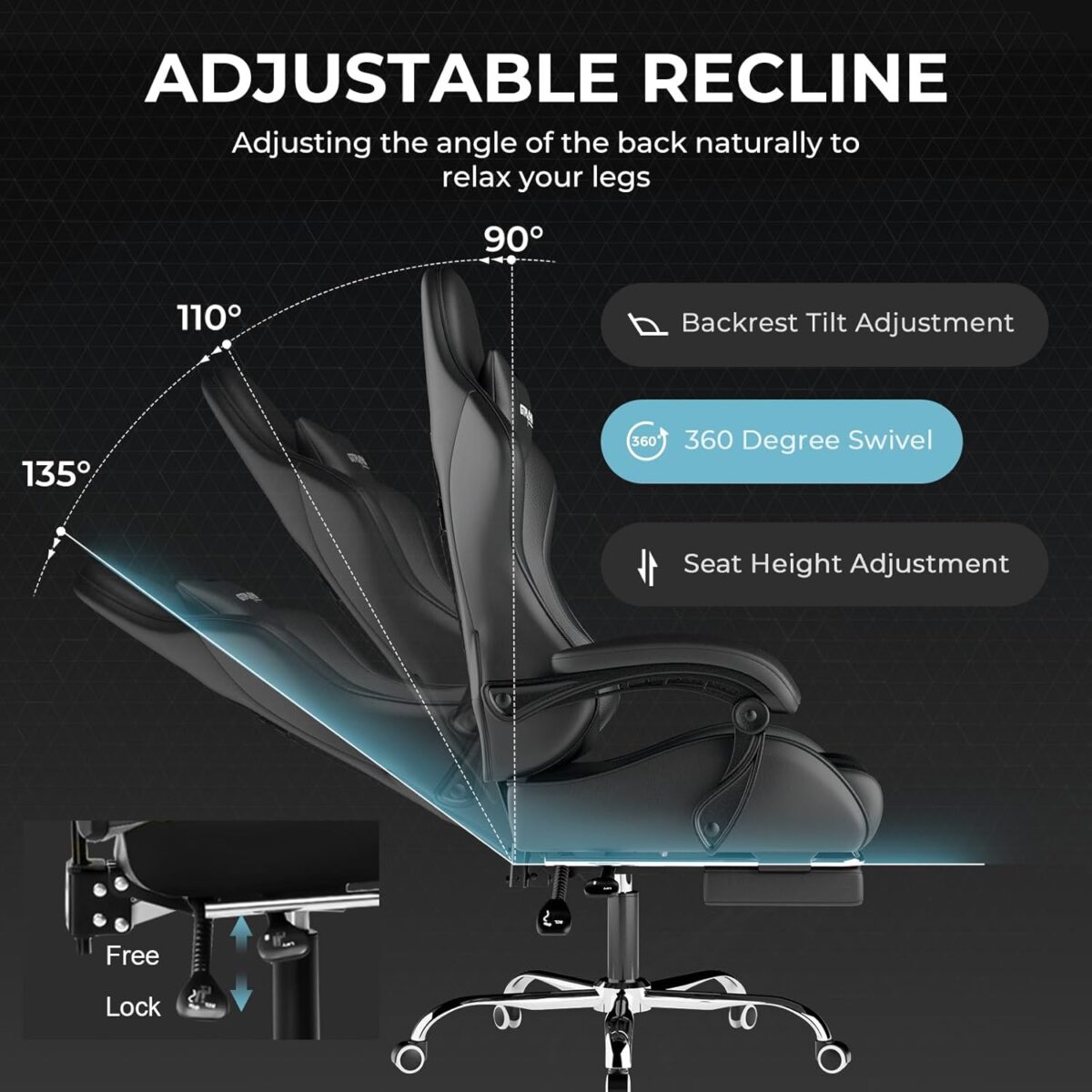 GTPLAYER Gaming Chair, Computer Chair with Footrest and Lumbar Support, Height Adjustable Game Chair with 360°-Swivel Seat and Headrest and for Office or Gaming (Faux Leather,...