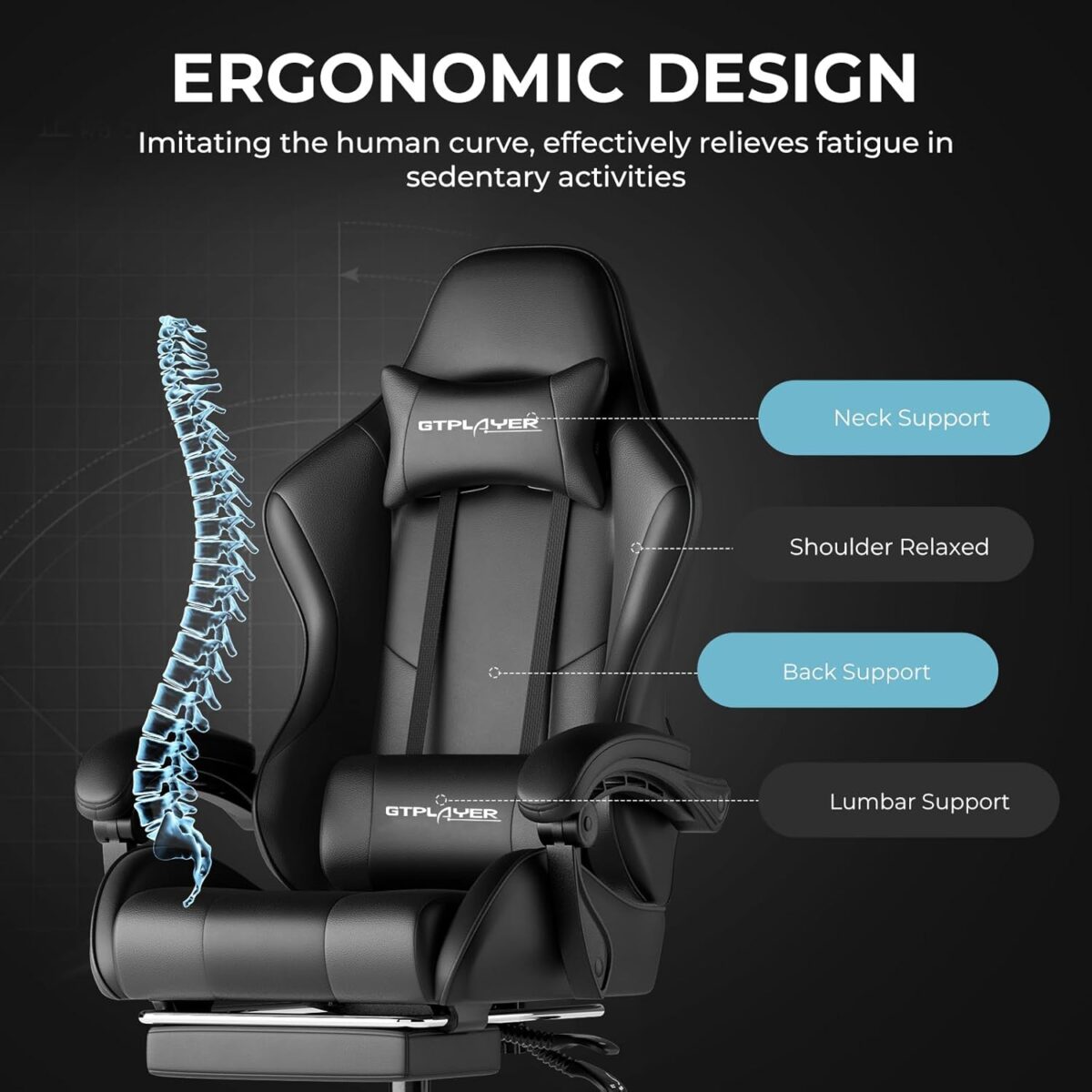 GTPLAYER Gaming Chair, Computer Chair with Footrest and Lumbar Support, Height Adjustable Game Chair with 360°-Swivel Seat and Headrest and for Office or Gaming (Faux Leather,...