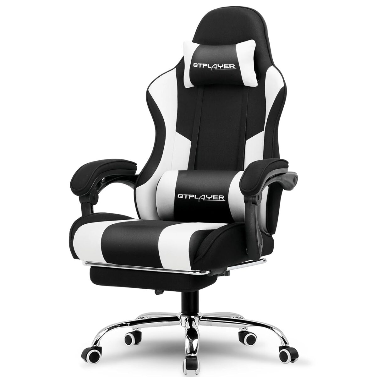 GTPLAYER Gaming Chair, Computer Chair with Footrest and Lumbar Support, Height Adjustable Game Chair with 360°-Swivel Seat and Headrest and for Office or Gaming (Fabric, Black &...