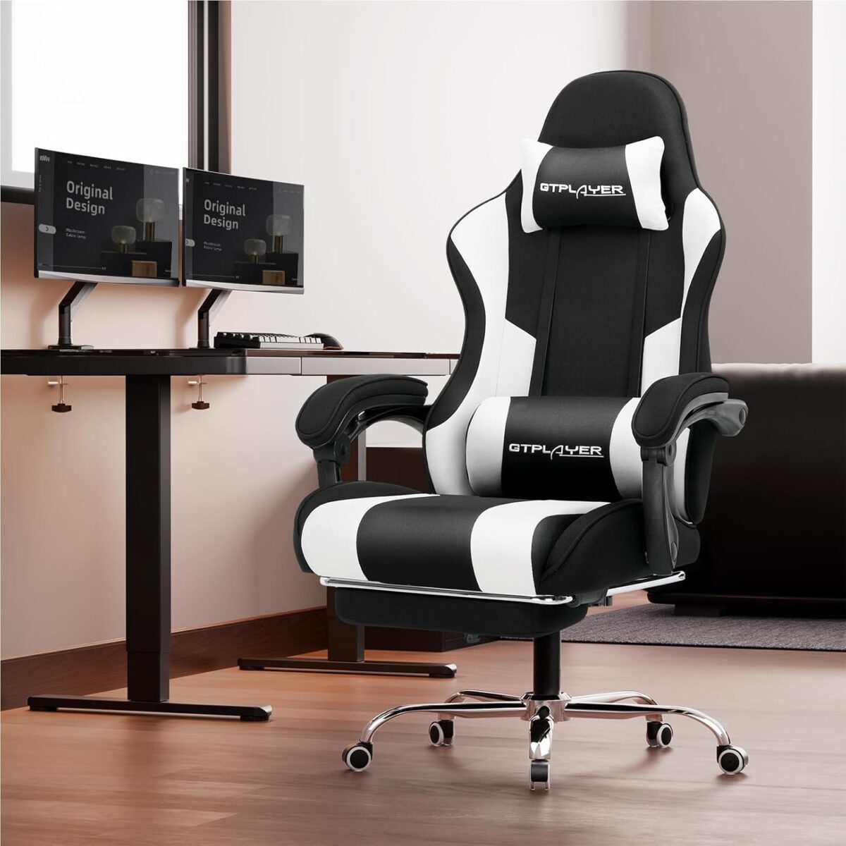 GTPLAYER Gaming Chair, Computer Chair with Footrest and Lumbar Support, Height Adjustable Game Chair with 360°-Swivel Seat and Headrest and for Office or Gaming (Fabric, Black &...