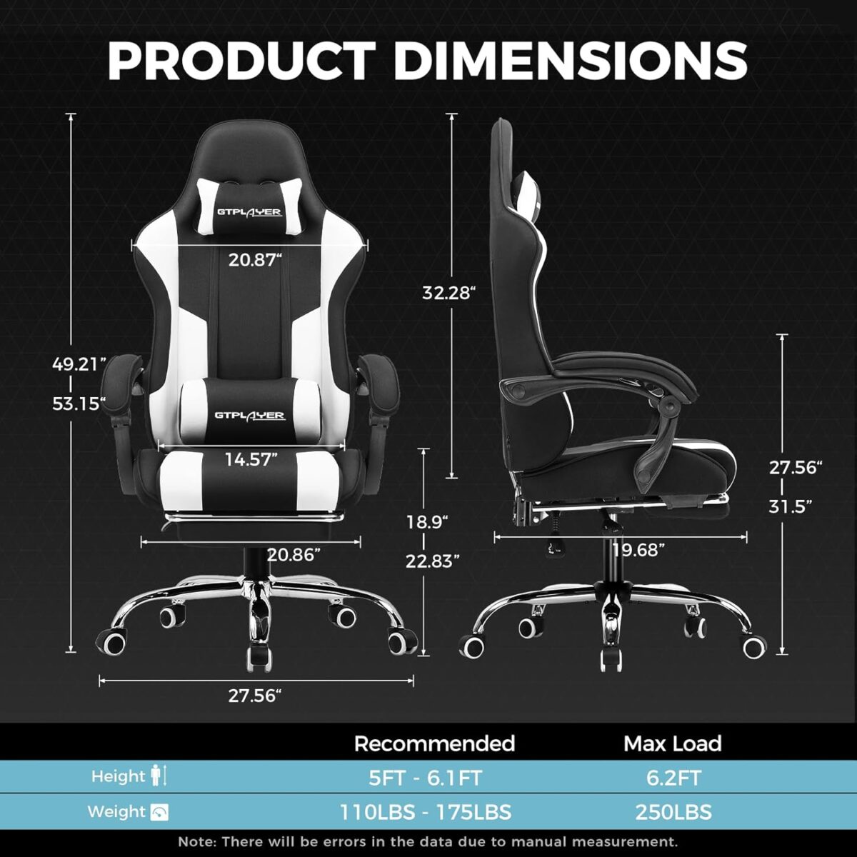 GTPLAYER Gaming Chair, Computer Chair with Footrest and Lumbar Support, Height Adjustable Game Chair with 360°-Swivel Seat and Headrest and for Office or Gaming (Fabric, Black &...