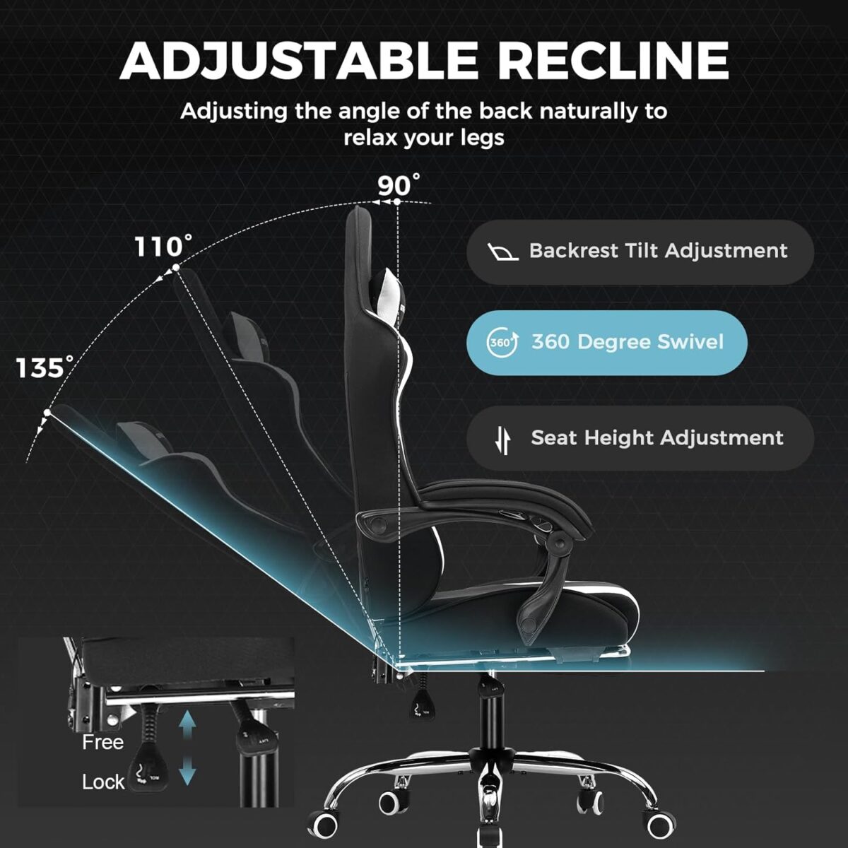 GTPLAYER Gaming Chair, Computer Chair with Footrest and Lumbar Support, Height Adjustable Game Chair with 360°-Swivel Seat and Headrest and for Office or Gaming (Fabric, Black &...