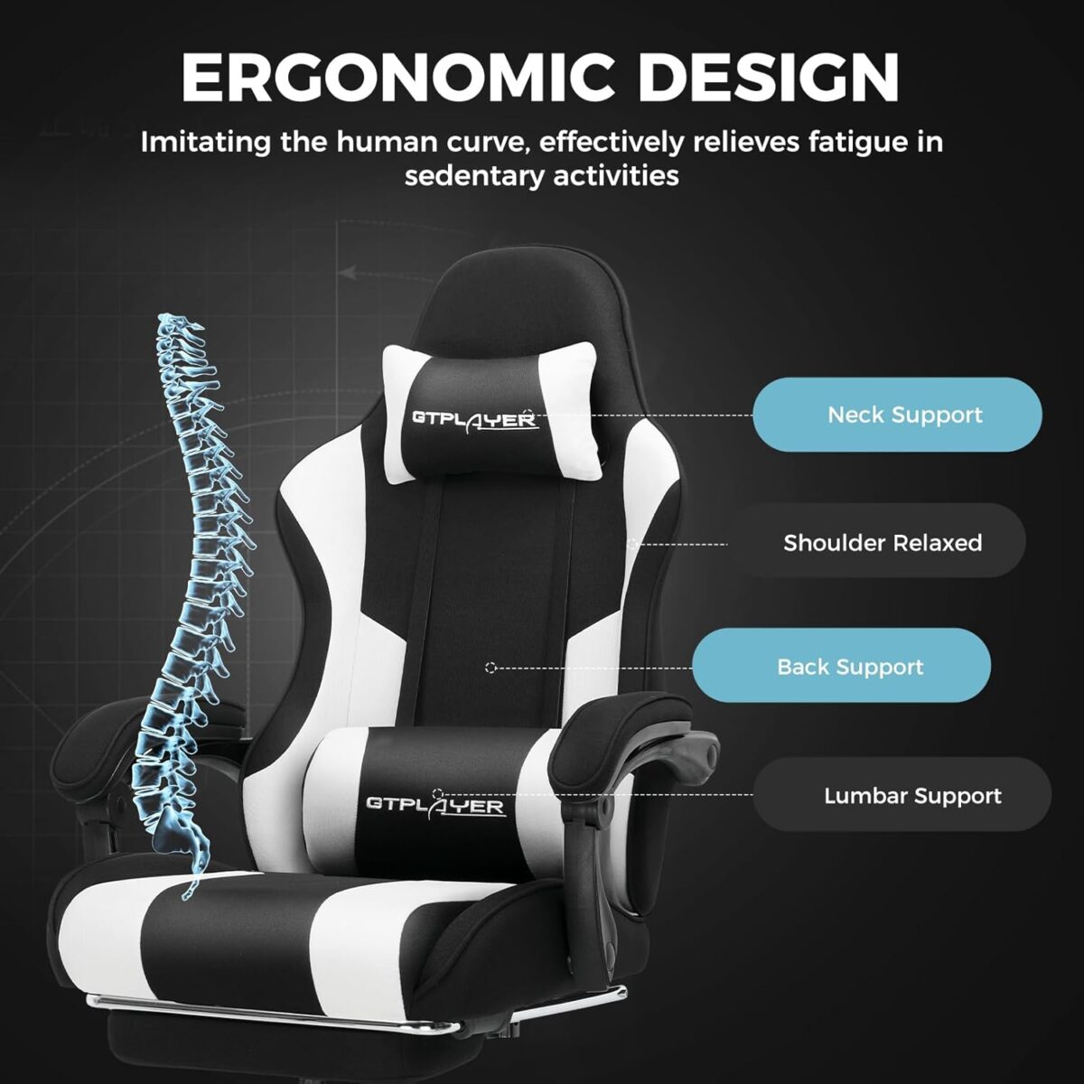 GTPLAYER Gaming Chair, Computer Chair with Footrest and Lumbar Support, Height Adjustable Game Chair with 360°-Swivel Seat and Headrest and for Office or Gaming (Fabric, Black &...