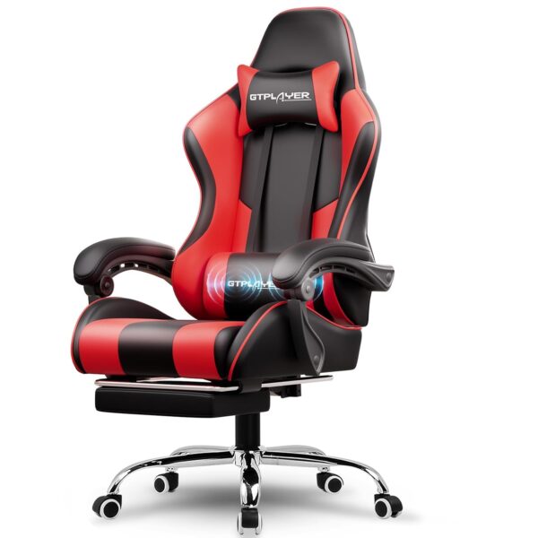 GTPLAYER Gaming Chair, Computer Chair with Footrest and Lumbar Support, Height Adjustable Game Chair with 360°-Swivel Seat and Headrest and for Office or Gaming (Faux Leather, Red)