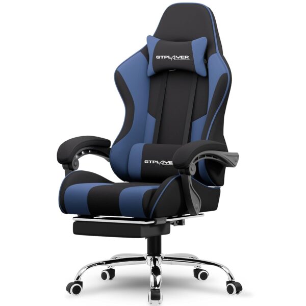 GTPLAYER Gaming Chair, Computer Chair with Footrest and Lumbar Support, Height Adjustable Game Chair with 360°-Swivel Seat and Headrest and for Office or Gaming (Blue, Fabric)
