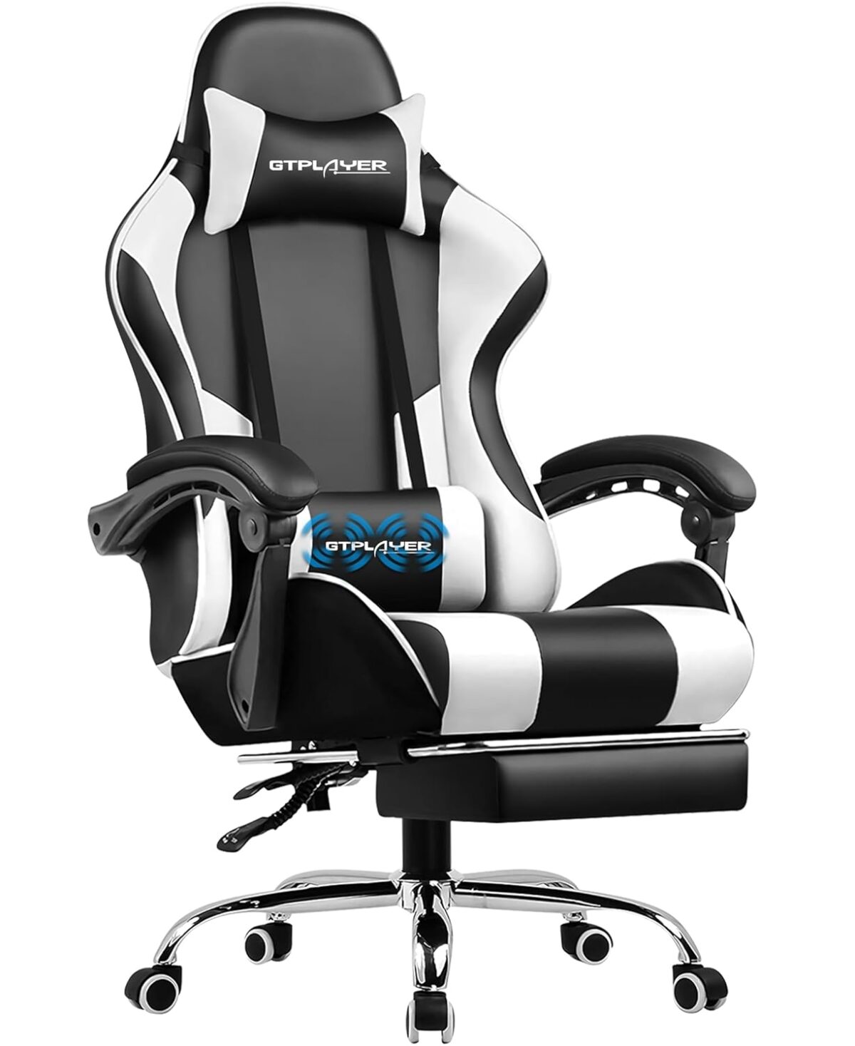 GTPLAYER Gaming Chair, Computer Chair with Footrest and Lumbar Support, Height Adjustable Game Chair with 360°-Swivel Seat and Headrest and for Office or Gaming (Blue, Fabric)