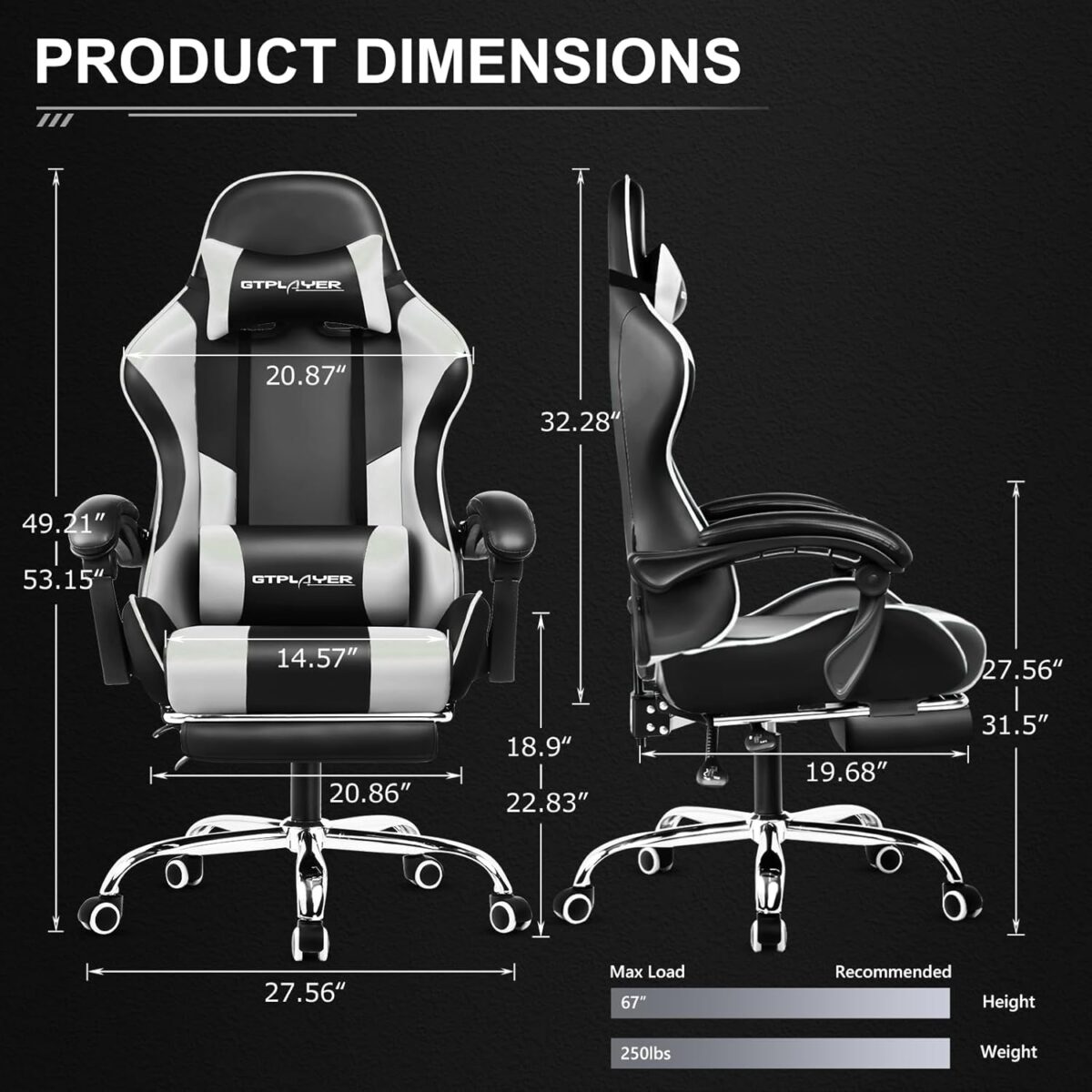 GTPLAYER Gaming Chair, Computer Chair with Footrest and Lumbar Support, Height Adjustable Game Chair with 360°-Swivel Seat and Headrest and for Office or Gaming (Blue, Fabric)