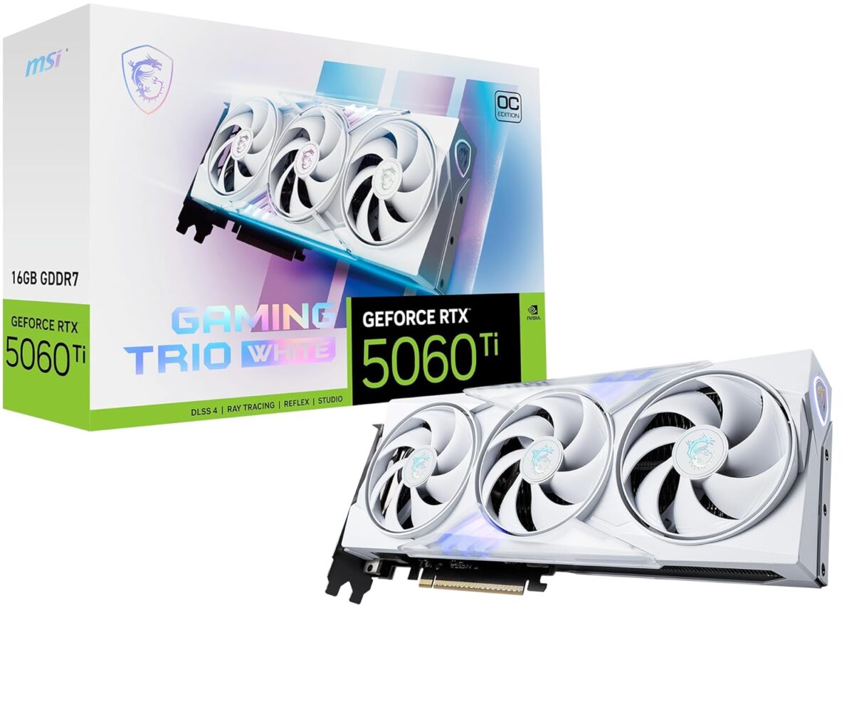 MSI Gaming RTX 5060 Ti 16G Gaming Trio OC White Graphics Card (16GB GDDR7, 128-bit, Extreme Performance: TBA MHz, DisplayPort x 3 2.1a, HDMI 2.1b, NVIDIA Blackwell Architecture)