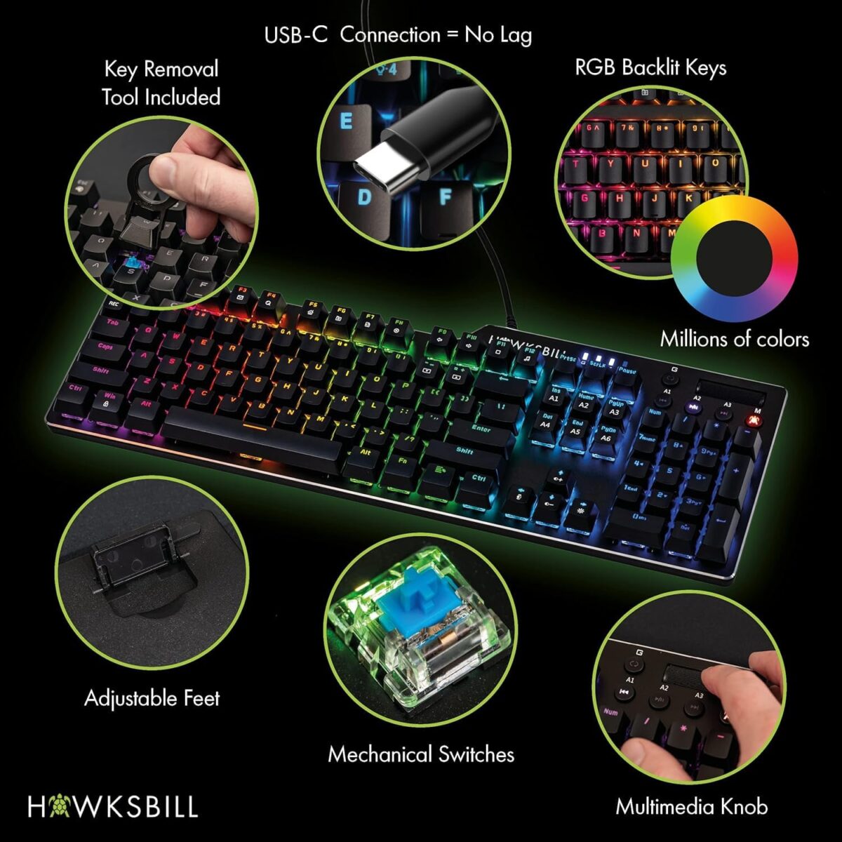Scorpion V1 Wired Mechanical Gaming Keyboard - USB-A W/USB-C Connection Adaptor â€“ Tactile & Clicky â€“ Brilliant RGB Lighting Customizable Keys & Multimedia Function 104 Keys