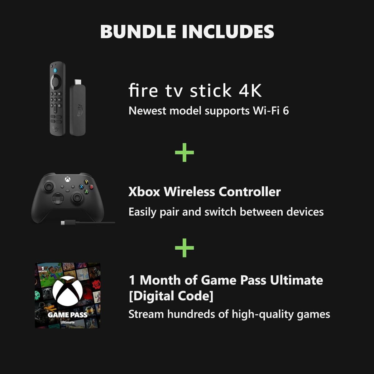 Xbox Wireless Controller Carbon Black (2025) + Fire TV Stick 4K Game Pass Ultimate 1 Month Bundle - Play on, Windows, Mobile & Smart TVs