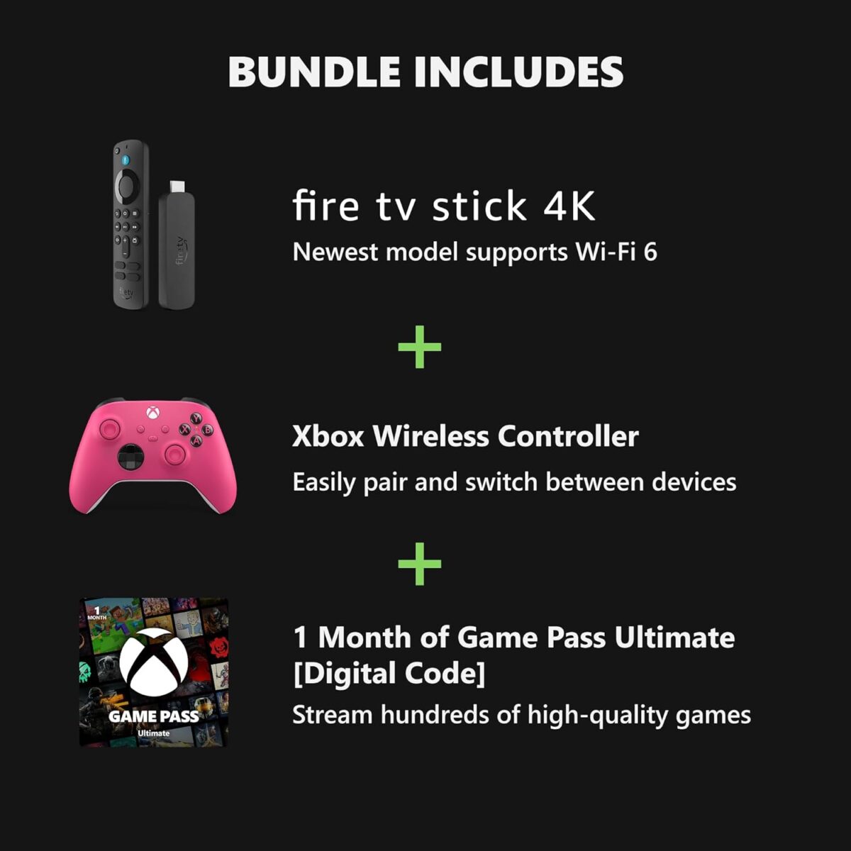 Xbox Wireless Controller Deep Pink (2025) + Fire TV Stick 4K Game Pass Ultimate 1 Month Bundle - Play on Windows, Android, iOS & Smart TVs