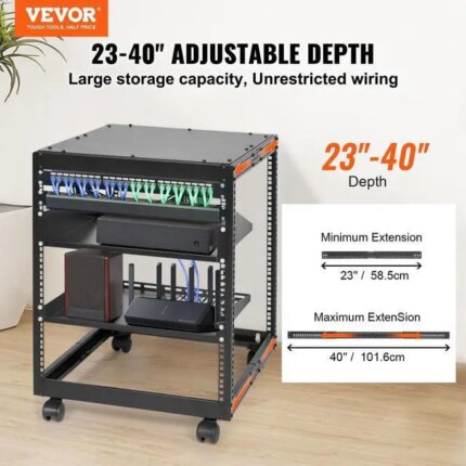12U Open Frame Server Rack, 15''-40'' Adjustable Depth, Free Standing or Wall Mount Network Server Rack, 4 Post AV Rack with Casters, Holds All Your