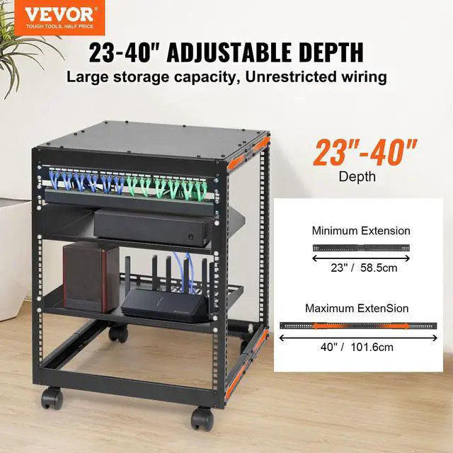 12U Open Frame Server Rack, 15''-40'' Adjustable Depth, Free Standing or Wall Mount Network Server Rack, 4 Post AV Rack with Casters, Holds All Your
