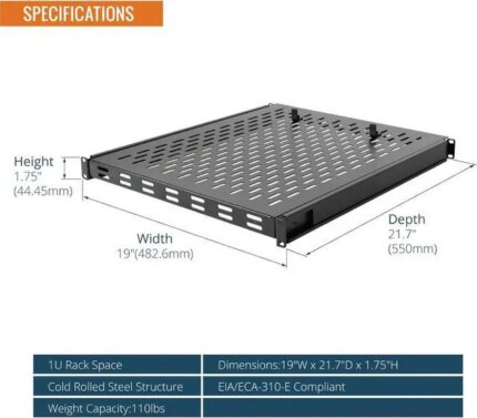 1U Sliding Rack Shelf,4-Post Vented Rack Mount Shelf,21.7in Deep with Adjustable Mounting Depth 21.7-35.4in,Supports to 110lbs,for 19 Inch AV/Network