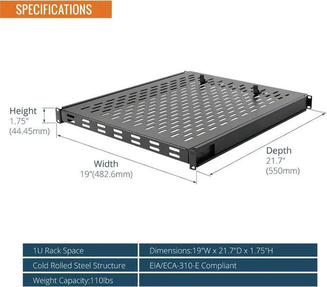 1U Sliding Rack Shelf,4-Post Vented Rack Mount Shelf,21.7in Deep with Adjustable Mounting Depth 21.7-35.4in,Supports to 110lbs,for 19 Inch AV/Network