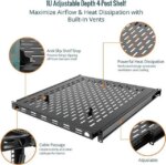1U Sliding Rack Shelf,4-Post Vented Rack Mount Shelf,21.7in Deep with Adjustable Mounting Depth 21.7-35.4in,Supports to 110lbs,for 19 Inch AV/Network
