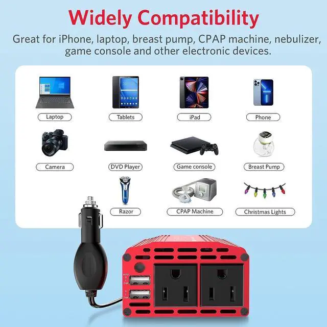 300W Power Inverter DC 12V to 110V AC Car Inverter with 4.2A Dual USB Car Adapter