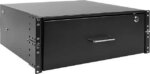 4U drawer mounts in EIA-standard 19 in. 2-post rack to store tools, notes, cables, computer discs and other essential rack equipment accessories up to