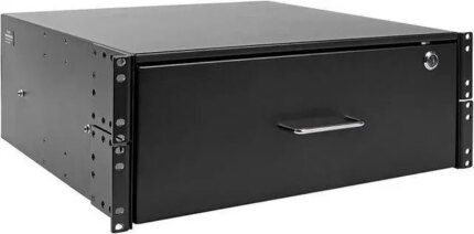 4U drawer mounts in EIA-standard 19 in. 2-post rack to store tools, notes, cables, computer discs and other essential rack equipment accessories up to