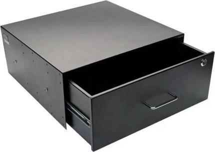 4U drawer mounts in EIA-standard 19 in. 2-post rack to store tools, notes, cables, computer discs and other essential rack equipment accessories up to