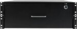 4U drawer mounts in EIA-standard 19 in. 2-post rack to store tools, notes, cables, computer discs and other essential rack equipment accessories up to
