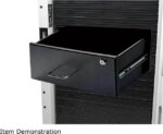 4U drawer mounts in EIA-standard 19 in. 2-post rack to store tools, notes, cables, computer discs and other essential rack equipment accessories up to