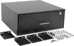 4U drawer mounts in EIA-standard 19 in. 2-post rack to store tools, notes, cables, computer discs and other essential rack equipment accessories up to