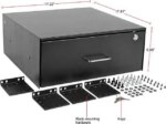 4U drawer mounts in EIA-standard 19 in. 2-post rack to store tools, notes, cables, computer discs and other essential rack equipment accessories up to