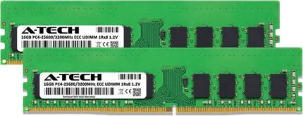 A-Tech 32GB (2x16GB) 1Rx8 PC4-25600 / PC4-25600E DDR4 3200 MHz ECC UDIMM 1.2V ECC Unbuffered DIMM 288-Pin Single Rank x8 Server & Workstation RAM