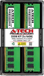 A-Tech 32GB (2x16GB) 1Rx8 PC4-25600 / PC4-25600E DDR4 3200 MHz ECC UDIMM 1.2V ECC Unbuffered DIMM 288-Pin Single Rank x8 Server & Workstation RAM