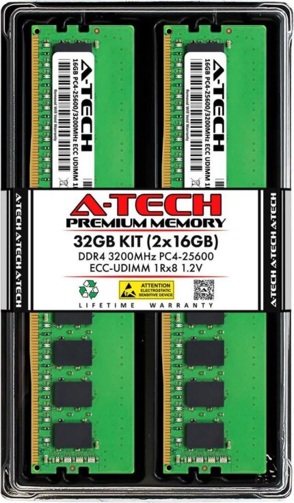 A-Tech 32GB (2x16GB) 1Rx8 PC4-25600 / PC4-25600E DDR4 3200 MHz ECC UDIMM 1.2V ECC Unbuffered DIMM 288-Pin Single Rank x8 Server & Workstation RAM