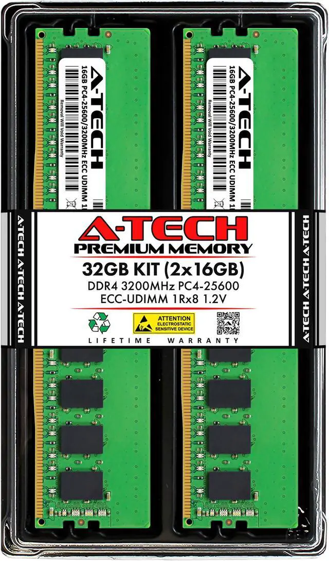A-Tech 32GB (2x16GB) 1Rx8 PC4-25600 / PC4-25600E DDR4 3200 MHz ECC UDIMM 1.2V ECC Unbuffered DIMM 288-Pin Single Rank x8 Server & Workstation RAM