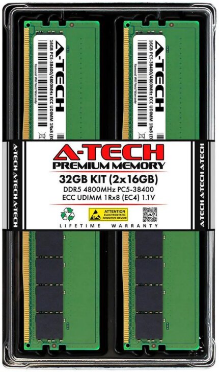 A-Tech 32GB (2x16GB) 1Rx8 PC5-38400E DDR5 4800 MHz ECC UDIMM Unbuffered DIMM 288-Pin Single Rank x8 Server & Workstation RAM Memory Upgrade Kit