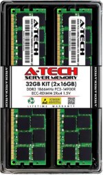 A-Tech 32GB (2x16GB) 2Rx4 PC3-14900R DDR3 1866 MHz ECC RDIMM 1.5V Registered DIMM 240-Pin Dual Rank x4 Server & Workstation RAM Memory Upgrade Kit