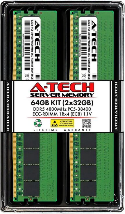 A-Tech 64GB (2x32GB) 1Rx4 PC5-38400R DDR5 4800 MHz EC8 RDIMM ECC Registered DIMM 288-Pin Single Rank x4 Server & Workstation RAM Memory Upgrade Kit