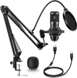 Adiven 2025 USB Streaming Podcast PC Microphone, 192KHz/24Bit Studio Cardioid Condenser Mic Kit with Sound Card, Boom Arm, Shock Mount, Pop Filter,
