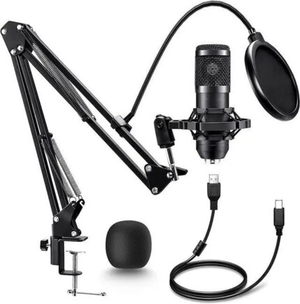 Adiven 2025 USB Streaming Podcast PC Microphone, 192KHz/24Bit Studio Cardioid Condenser Mic Kit with Sound Card, Boom Arm, Shock Mount, Pop Filter,