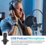 Adiven 2025 USB Streaming Podcast PC Microphone, 192KHz/24Bit Studio Cardioid Condenser Mic Kit with Sound Card, Boom Arm, Shock Mount, Pop Filter,