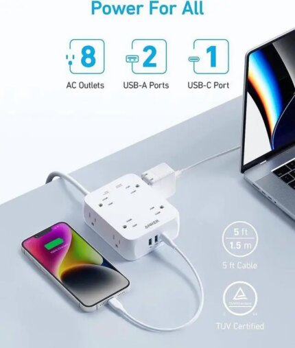 Anker Power Strip with USB Ports,5Ft,Surge Protector(2000J),8 Widely Outlet Extender with 2 USB A Ports and 1 USB C Port,Works with iPhone 15/15
