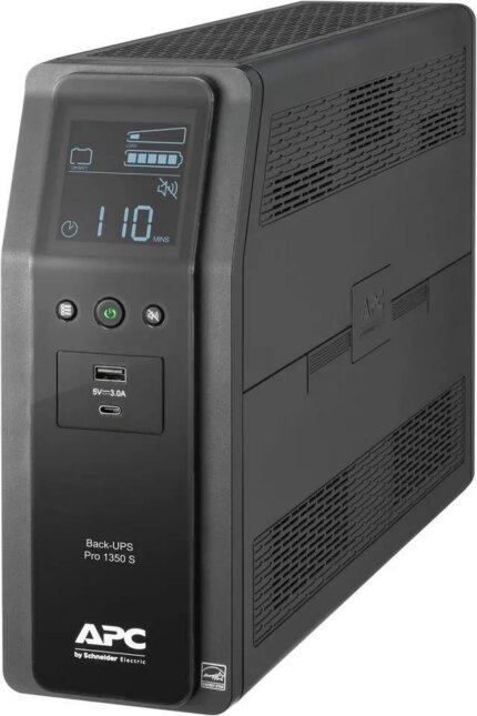 APC BR1350MS Back-UPS Pro, 1350VA/810W, Tower, 120V, 10x NEMA 5-15R outlets, Sine Wave, AVR, USB Type A + C ports, LCD, User Replaceable Battery -