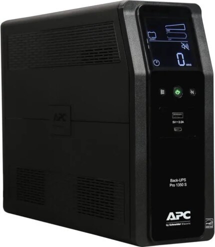APC BR1350MS Back-UPS Pro, 1350VA/810W, Tower, 120V, 10x NEMA 5-15R outlets, Sine Wave, AVR, USB Type A + C ports, LCD, User Replaceable Battery -
