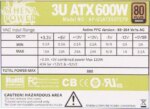 Athena Power AP-U3ATX60FEP8 3U Server Power Supply - 80PLUS Bronze