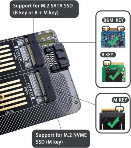 Bailink Dual M.2 PCIE Adapter, M.2 SSD NVME (M Key) & SATA (B Key) Adapter with SATA cable for One M.2 NVMe and One SATA SSD 22110/2280/2260/2242/2230