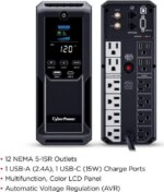 CyberPower CP1350AVRLCD3 Intelligent LCD UPS Systems - 1350VA/815W, 120 VAC, NEMA 5-15P, Mini-Tower, 12 Outlets