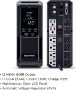 CyberPower CP1500AVRLCD3 Intelligent LCD UPS Systems - 1500VA/900W, 120 VAC, NEMA 5-15P, Mini-Tower, 12 Outlets, LCD